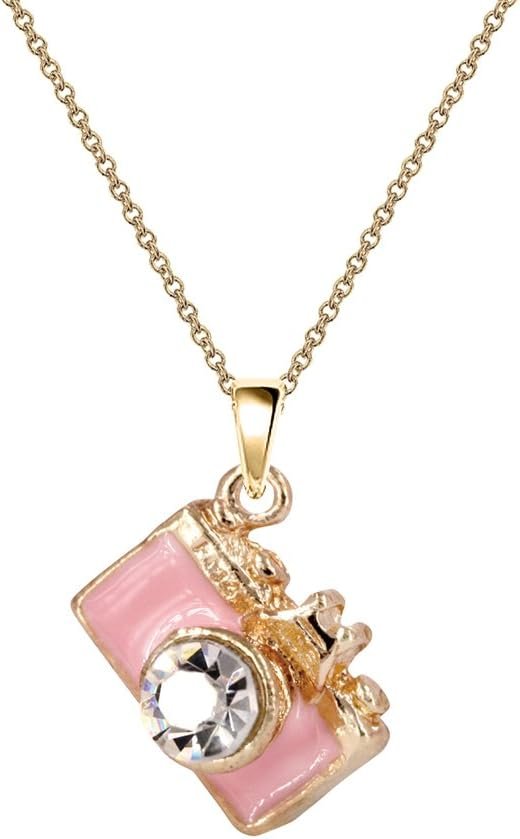 NC054 Pink 3D Crystal Camera Charm Pendant Necklace