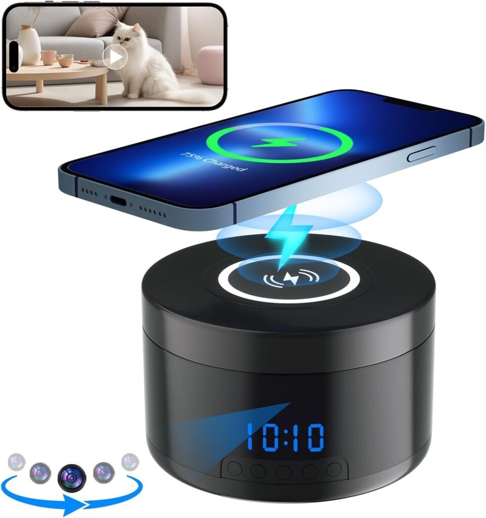 Clock Camera with Wireless Charging for Indoor, 1080P WiFi Cameras for Home, Security Camera with Motion Detection, Night Vision, Local & Cloud Storage,with APP