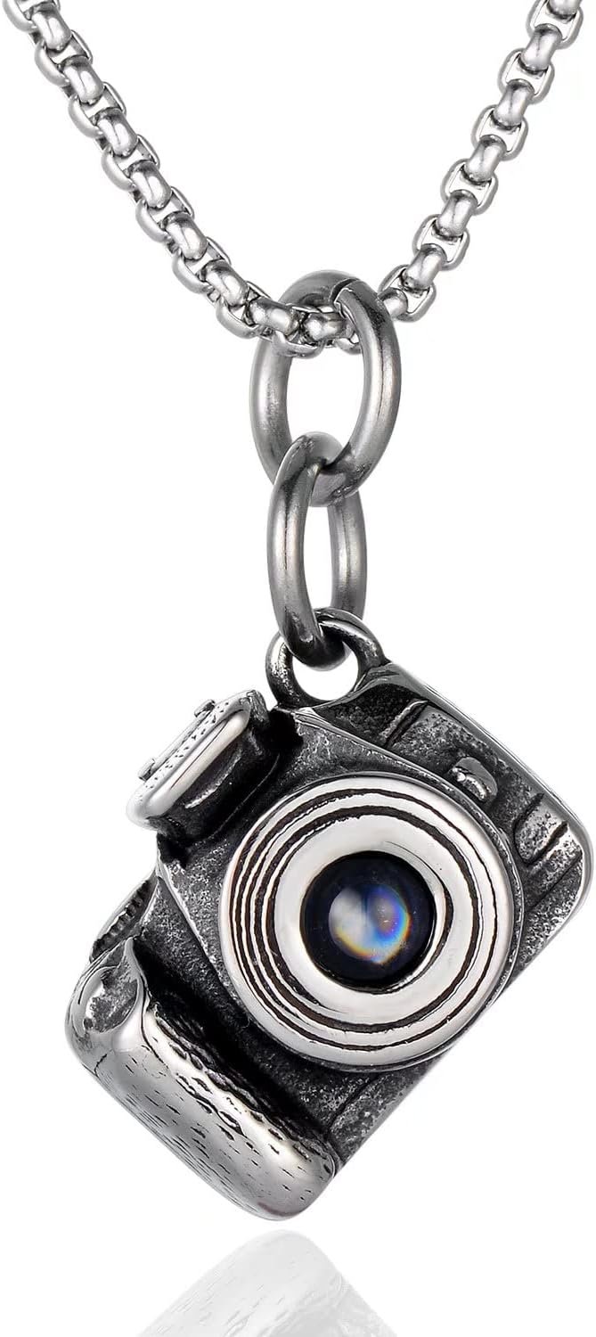 Vintage Stainless Steel Camera Pendant (No Filming Function) Necklace with I Love U Image, 24 inches Chain, Mens Womens, Unique Gift for Photographer
