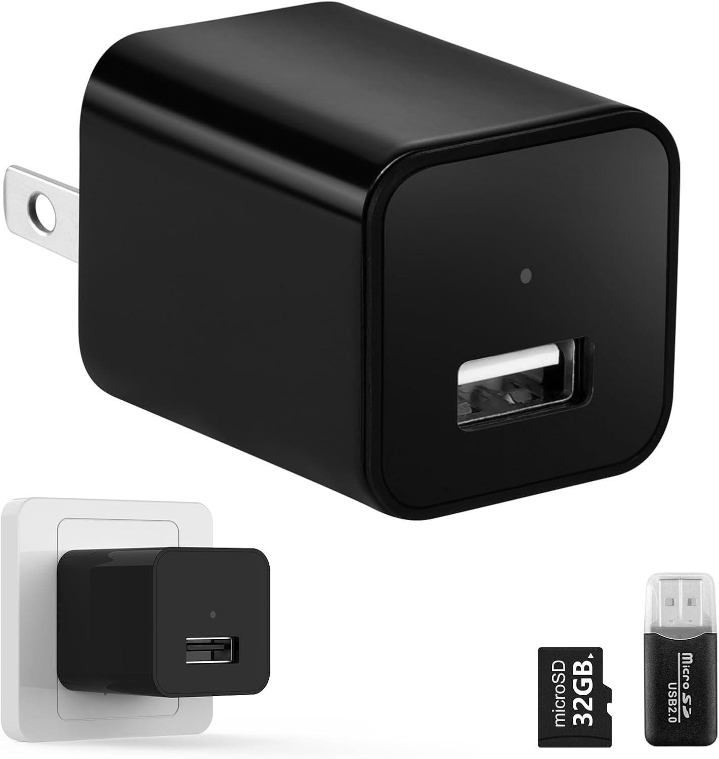 No Audio Charger Camera – Video-Only 1080P Small Camera with Motion Detection – Covert Nanny Cam for Home Indoor Security – 32GB Micro SD Card Included