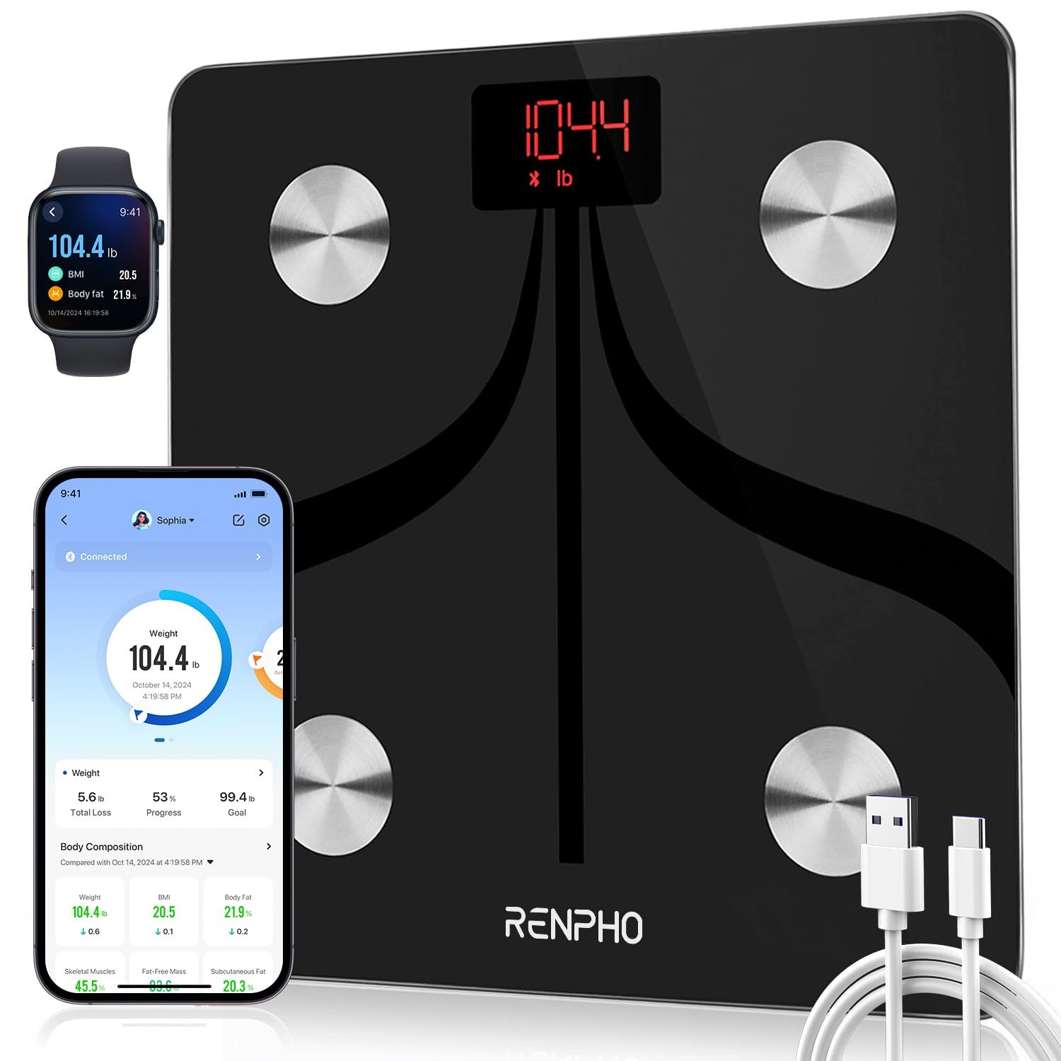 RENPHO Smart Scale for Body Weight, USB-C Rechargeable Digital Bathroom Scale, Electronic 13 Body Composition Monitor with Smartphone App, 396 lbs, Black, Elis 1 (11 inch) RENPHO Smart Scale for Body Weight, USB-C Rechargeable Digital Bathroom Scale, Electronic 13 Body Composition Monitor with Smartphone App, 396 lbs, Black, Elis 1 (11 inch)