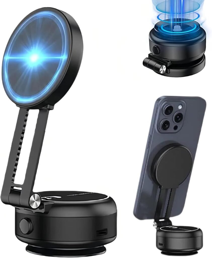 Electric Vacuum Magnetic Suction Phone Holder, Adjustable Foldable Smartphone Stand, Electronic Vacuum and Magnetic Adsorption,Compatible with iPhone 16/15/14/13/12 and Most Smartphones
