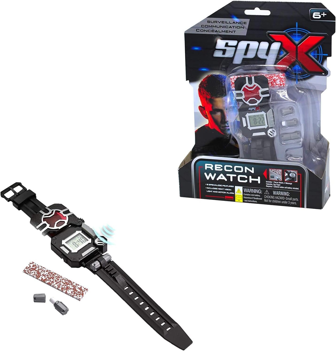 SpyX / Spy Recon Watch. 8-Function Spy Toy Watch: Led Spot Light, Stopwatch, Alarm, Decoder, Secret Message Paper & Capsules, and Motion Alarm. Perfect Addition for Your spy Gear Collection! SpyX / Spy Recon Watch. 8-Function Spy Toy Watch: Led Spot Light, Stopwatch, Alarm, Decoder, Secret Message Paper & Capsules, and Motion Alarm. Perfect Addition for Your spy Gear Collection!