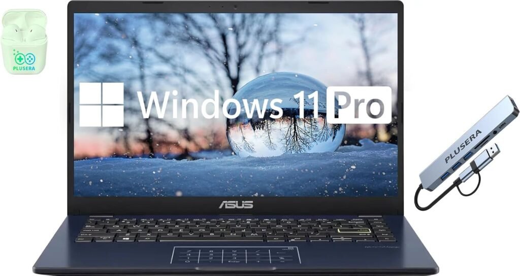 ASUS 14″ FHD Laptop Computer, 4-Core Intel Pentium, Windows 11 Pro with Microsoft Office Lifetime Suite, 4GB RAM 576GB Storage (256GB SSD + 256GB Docking Station +64GB eMMC), PLUSERA Earphones, Black