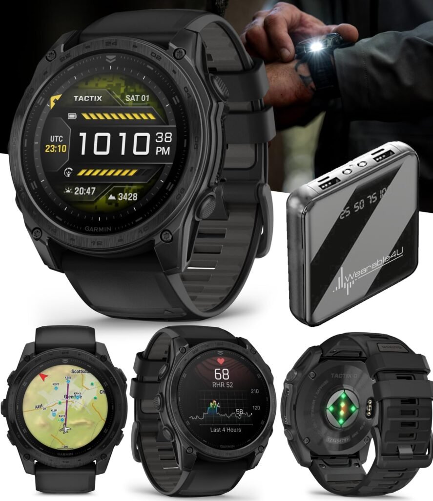 Garmin Tactix 8, 51mm, AMOLED Display, Titanium Bezel, Sapphire Lens, Premium Tactical GPS Smartwatch, Includes Applied Ballistics Ultralight Solver, 40 M Dive Rating w/Wearable4U PowerBank Bundle