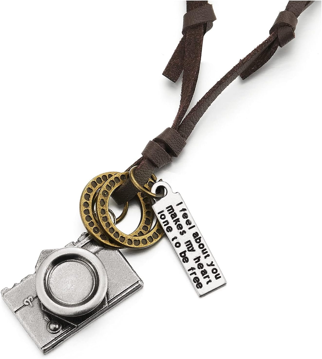COOLSTEELANDBEYOND Mens Women Vintage Camera Pendant Necklace with Adjustable Brown Leather Cord COOLSTEELANDBEYOND Mens Women Vintage Camera Pendant Necklace with Adjustable Brown Leather Cord