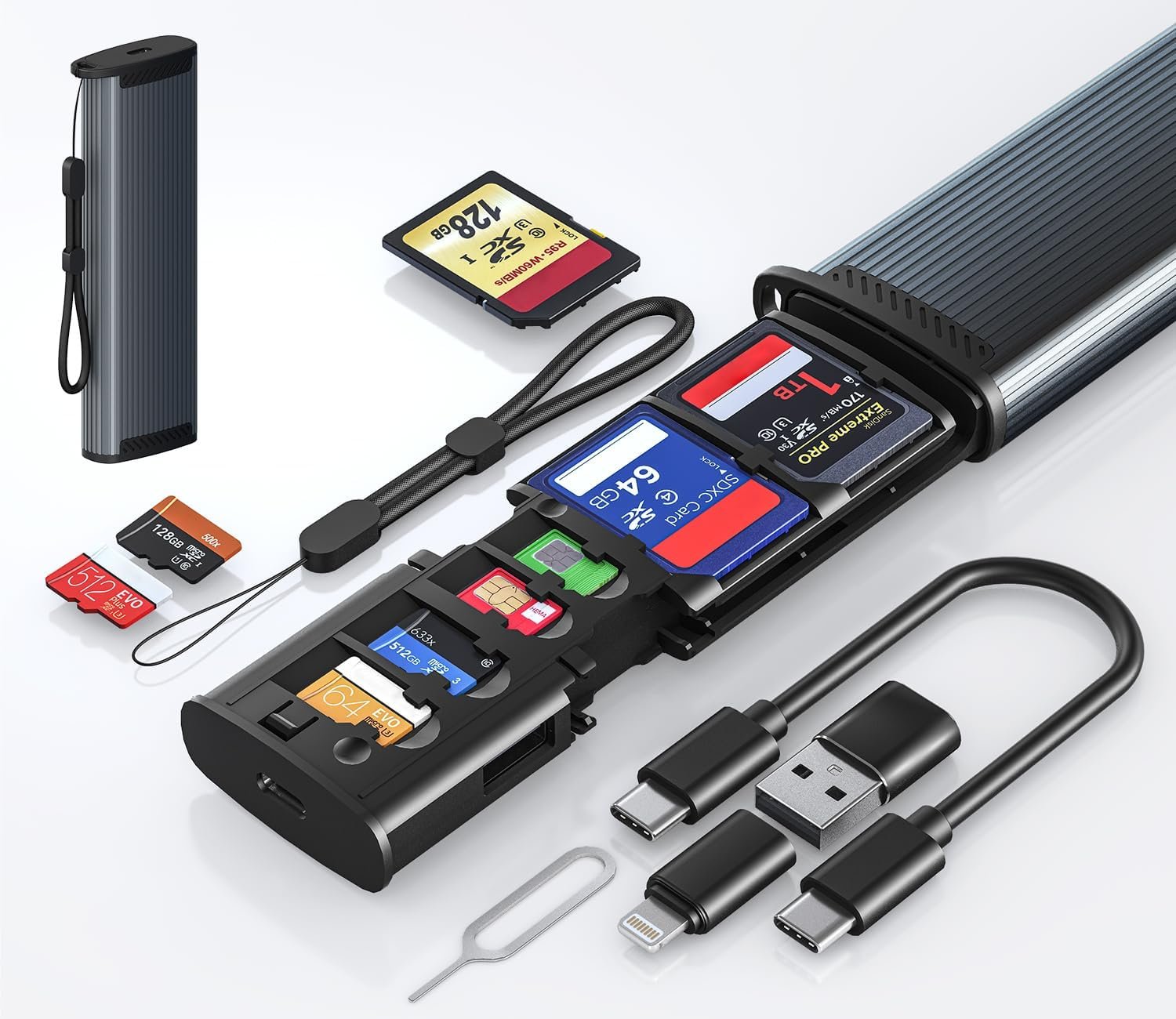SD Card Reader and Storage Case – SD/TF Card Carrying Case Holder with USB-C Cable Lighting/USB A Adapter Convertor, Portable Memory Card Reader for Travel Cameras, Phones, Computers, and Drones SD Card Reader and Storage Case – SD/TF Card Carrying Case Holder with USB-C Cable Lighting/USB A Adapter Convertor, Portable Memory Card Reader for Travel Cameras, Phones, Computers, and Drones