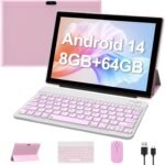 Android 14 Tablet 10 Inch, 2 in 1 Tablets with Keyboard/ Mouse/ Case/ Stylus, 8GB RAM+64GB ROM/1TB Expand Tablet, 1.8Ghz Quad-core Processor, 1280*800 HD Touch Screen, 8MP Camera, 5G WIFI 6 Tablet