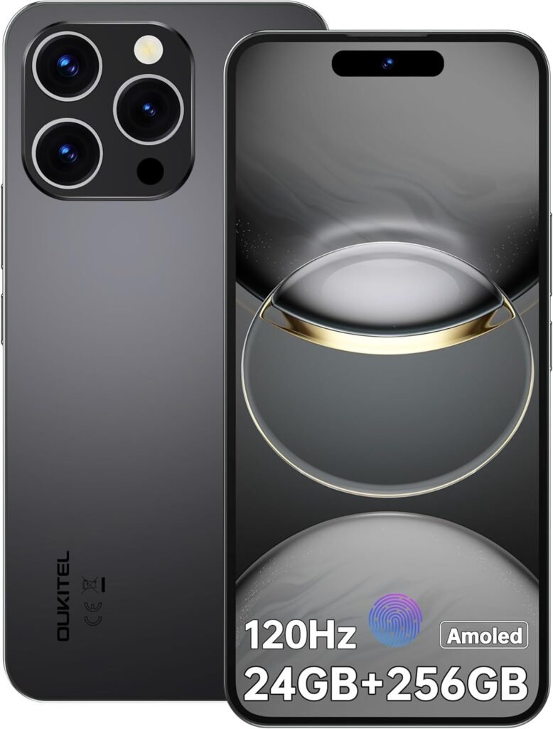 OUKITEL P1 Unlocked Cell Phone – 24GB+256GB/2TB Android 14 Smartphone, Amoled 6.7″ FHD+ 120Hz Screen, 5150mAh Battery Mobile Phones, 50MP+32MP Camera, Helio G99, Face ID/Fingerprint, T-Mobile, Black