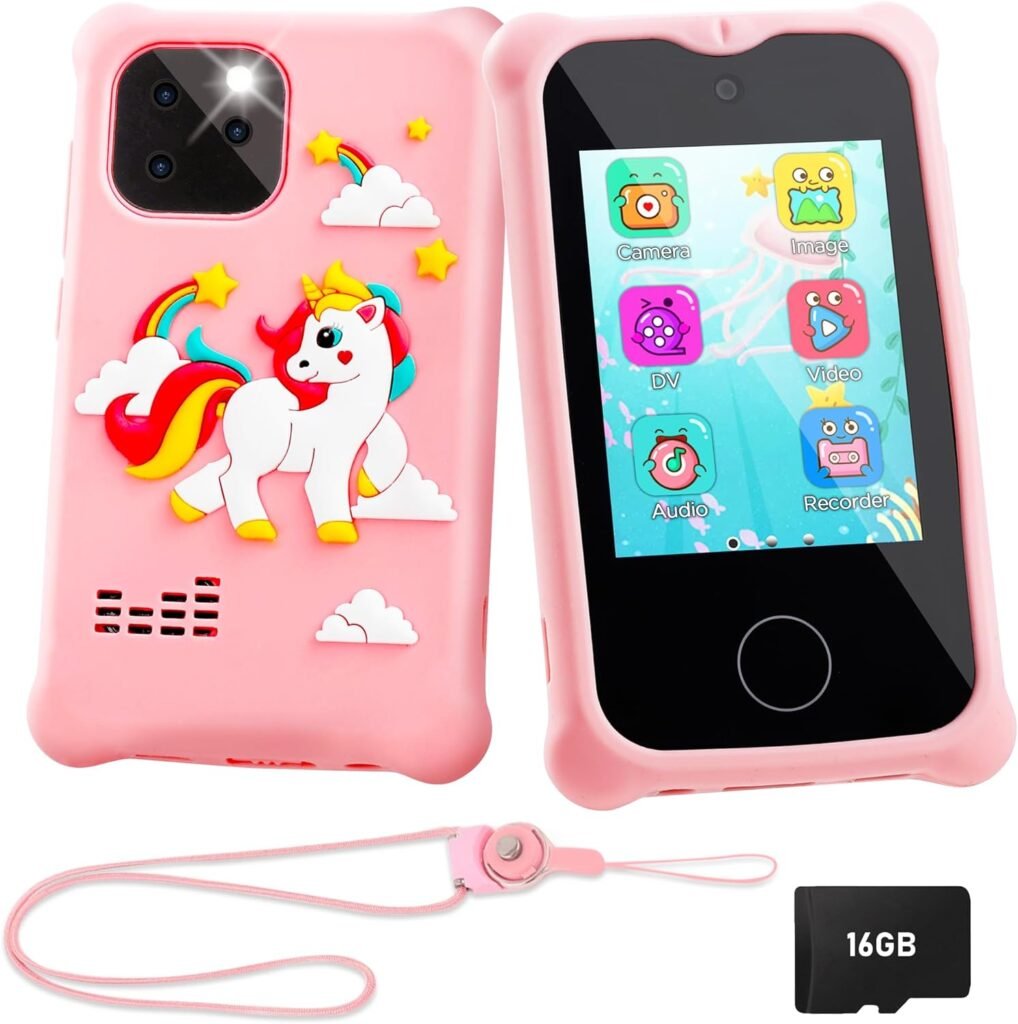 Kids Smart Phone for Girls, Christmas Birthday Gift for Girls Age 3-10 Kids Toys Cell Phone, Toddler Play Phone Toys with HD Dual Camera, Music Player, 16G SD Card (Touchscreen)