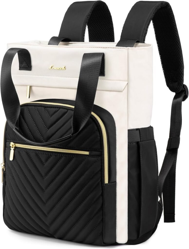 LOVEVOOK Laptop Backpack for Women, 15.6 Inch Work Business Laptop Bag, Wide Top Open Teacher Nurse Bag with USB Port, Waterproof Computer Backpack Purse for travel,Black-White