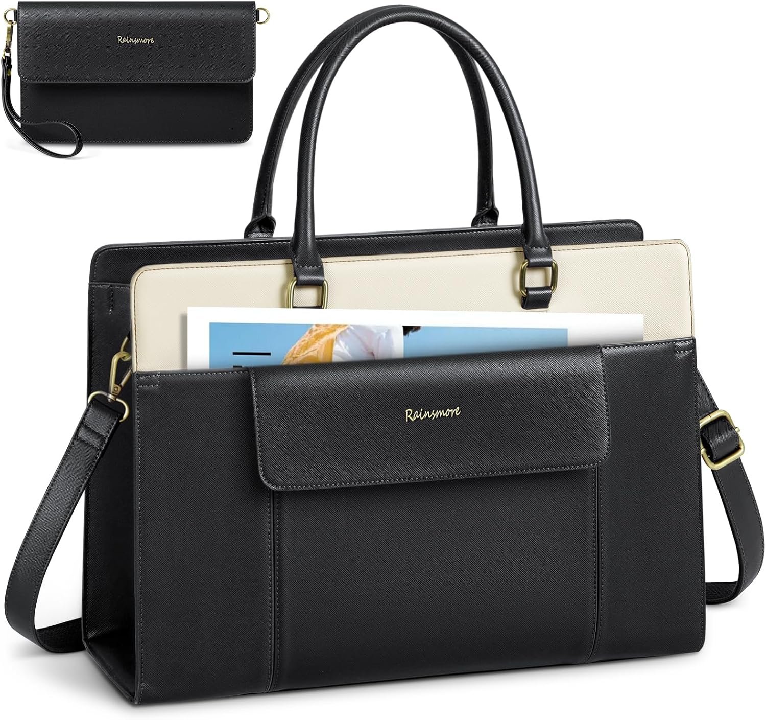 RAINSMORE Laptop Bag for Women 15.6 inch Leather Laptop Tote Bag Large Computer Bags Waterproof Business Office Work Bags Briefcase with Satchel Purse 2pcs Set, Black