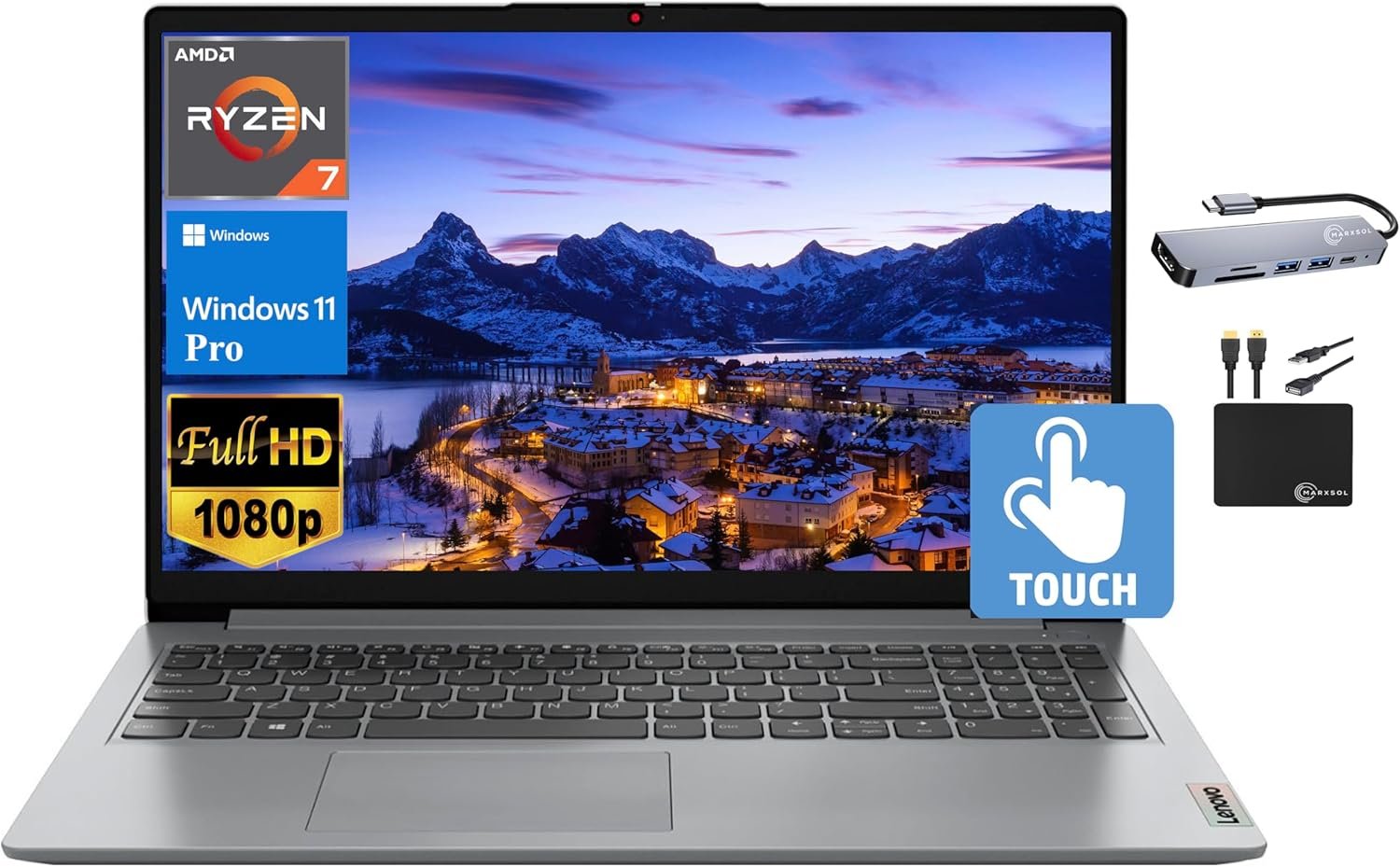 Lenovo IdeaPad 2024 Laptop, 15.6″ FHD IPS Touchscreen, 8-Core AMD Ryzen 7 5700U (Beat i7-1180G7), 16GB RAM, 512GB SSD, Radeon Graphics, Webcam,WiFi 6, Long Battery, Win 11 Pro+MarxsolAccessory