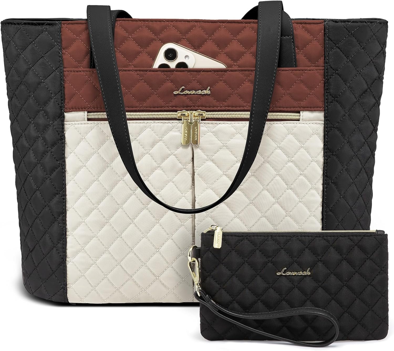 LOVEVOOK Laptop Bag for Women 17 inch,Diamond Quilted Work Tote Bags Womens Laptop Computer Shoulder Bags,Stylish Travel Tote Bags Laptop Purse Briefcase Handbag with Clutch Purse,Brown-Black-White LOVEVOOK Laptop Bag for Women 17 inch,Diamond Quilted Work Tote Bags Womens Laptop Computer Shoulder Bags,Stylish Travel Tote Bags Laptop Purse Briefcase Handbag with Clutch Purse,Brown-Black-White