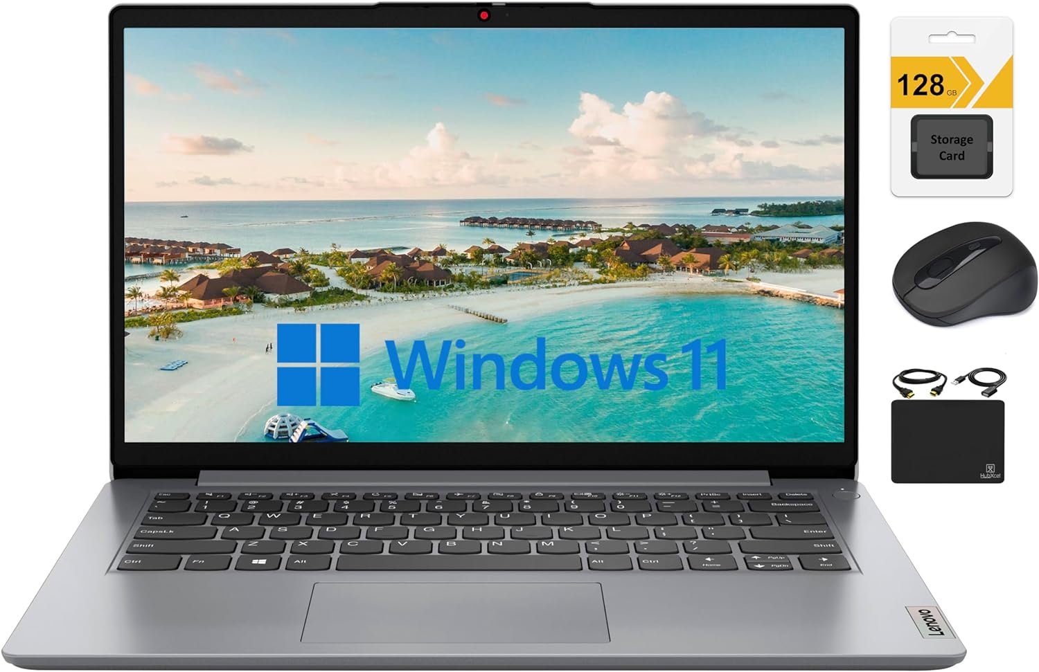 Lenovo Ideapad Laptop 2024 Premium, 14″ HD Screen Thin Light, Intel Celeron N4020 (Upto 2.8GHZ), 4GB RAM, 256GB (128GB eMMC+ 128GB Card), WiFi, Webcam, 11+ Hours Battery, Window 11S+HubxcelAccessory