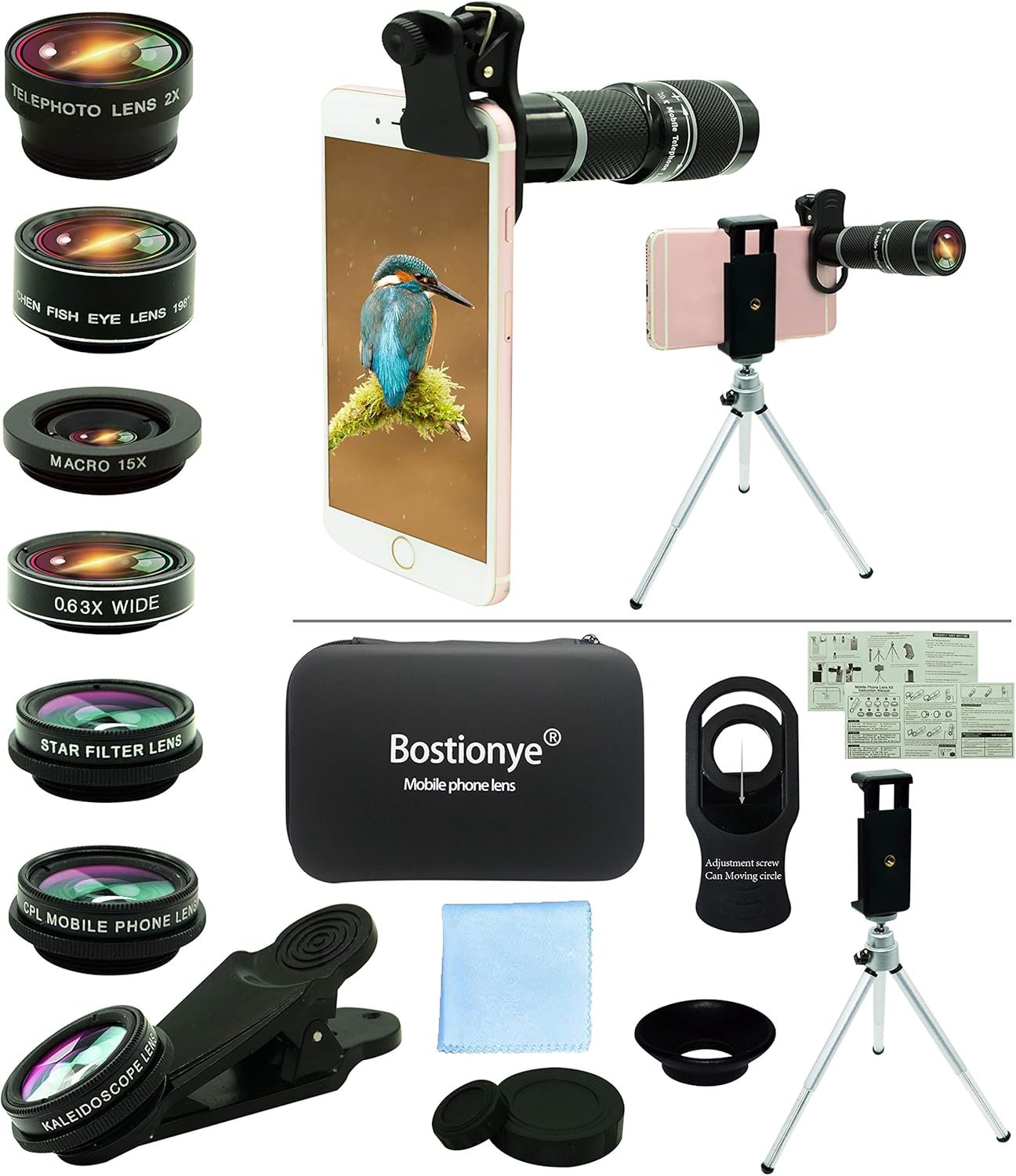 Cell Phone Camera Lens Kit,11 in 1 Universal 20x Telephoto 0.63Wide Angle 15X Macro 198°Fisheye 2X Telephoto Kaleidoscope CPL Starlight Eyemask Tripod,for Most iPhone Smartphone (Black) Cell Phone Camera Lens Kit,11 in 1 Universal 20x Telephoto 0.63Wide Angle 15X Macro 198°Fisheye 2X Telephoto Kaleidoscope CPL Starlight Eyemask Tripod,for Most iPhone Smartphone (Black)