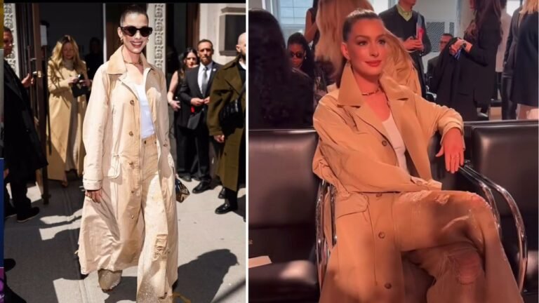 Anne Hathaway Attended the Ralph Lauren FW ’25 Show in a Khaki Trench Coat and Sequined Jeans