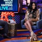 Brit Eady Appeared on WWHL in a Brown Vintage Roberto Cavalli Dress with a Dior Handbag and Christian Louboutin Boots