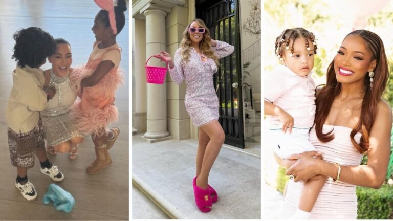 Fashion Bomb Easter Looks 2025: Kim Kardashian in a White ,300 Miu Miu Dress, KeKe Palmer in a Blush ,390 Balmain Dress, and Mariah Carey in a Pink Embellished Chanel Set