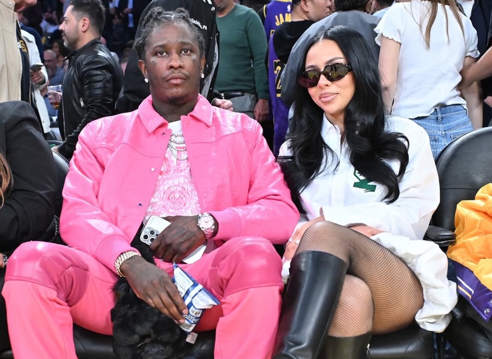 Mariah The Scientists Courtside Basketball with Young Thug Wearing a 0 Coperni Gathered Hem Shirt Dress and Amina Muaddi Boots