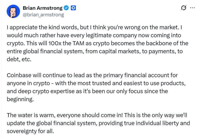 “The water is warm, everyone should come in,” Says Brian Armstrong As Coinbase Prepares To Launch Bitcoin Yield Fund