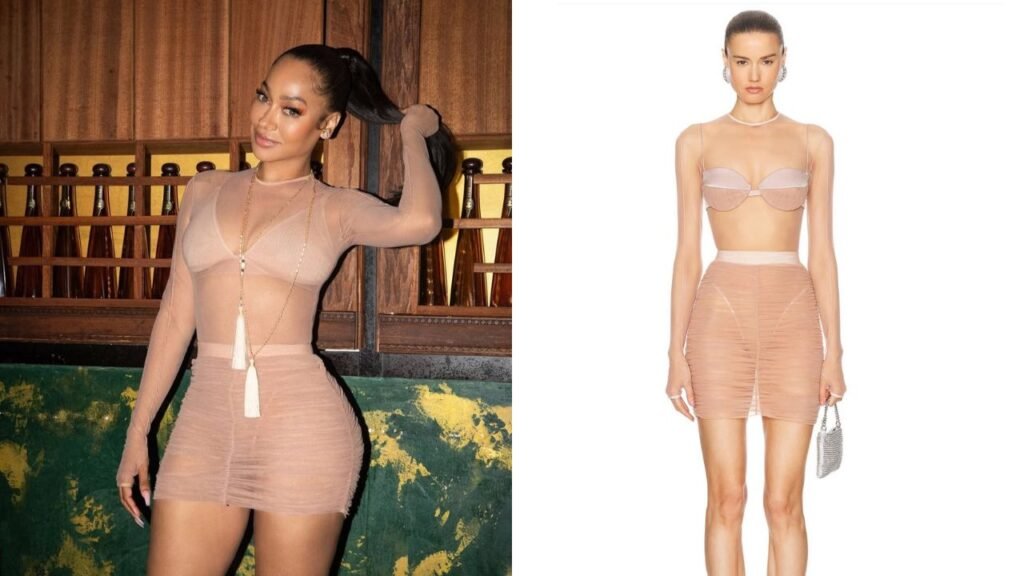You Ask, We answer! LaLa Celebrated in a Nude Sheer Alex Perry Mesh Top and Mini Skirt