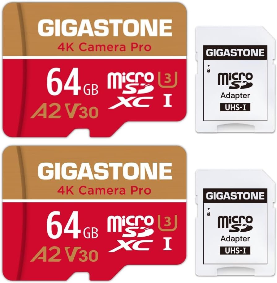Gigastone 64GB Memory Card 2 Pack 4K Pro Camera Compatible with GoPro Switch Speed 95MB/s A2 U3 V30 Micro SDXC Card with SD Adapter Gigastone 64GB Memory Card 2 Pack 4K Pro Camera Compatible with GoPro Switch Speed 95MB/s A2 U3 V30 Micro SDXC Card with SD Adapter