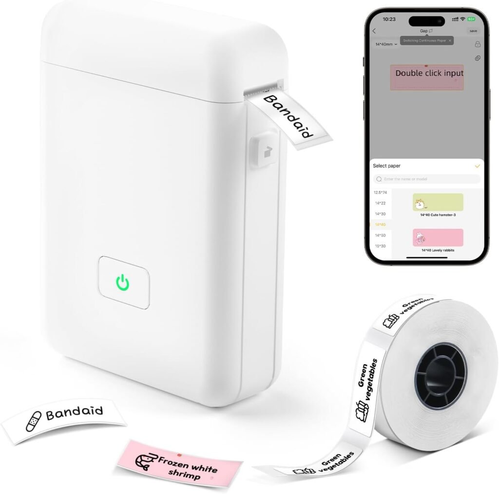 Label Maker Machine with Tape – HP2-S Portable Bluetooth Label Printer for Storage, Office, Home, Mini Smart Phone Handheld Sticker Printer with Multiple Templates Font Icon (White)