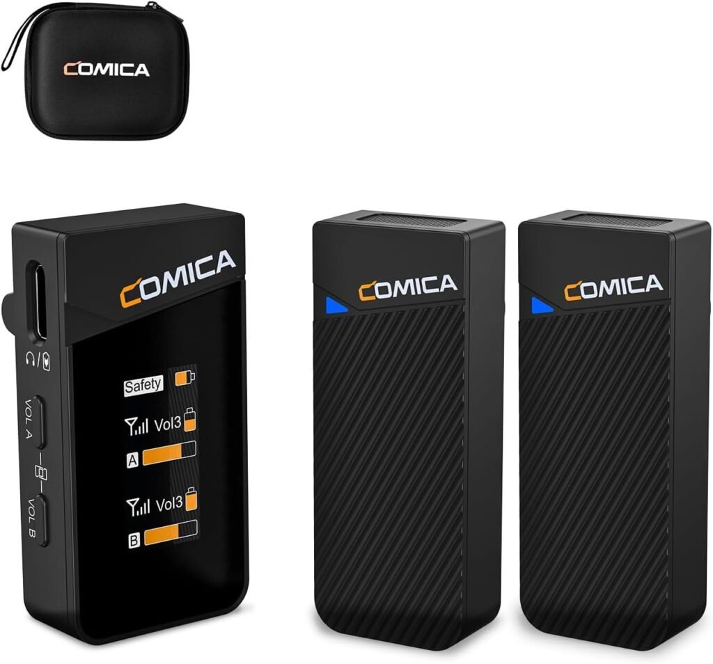 COMICA Vimo C2 Wireless Lavalier Microphone, 2.4G Dual Transmitter Noise Cancellation, 8HR 656FT Wireless Mic for YouTube Video Recording Online Class Live-Stream Vlog on Camera Smartphone PC