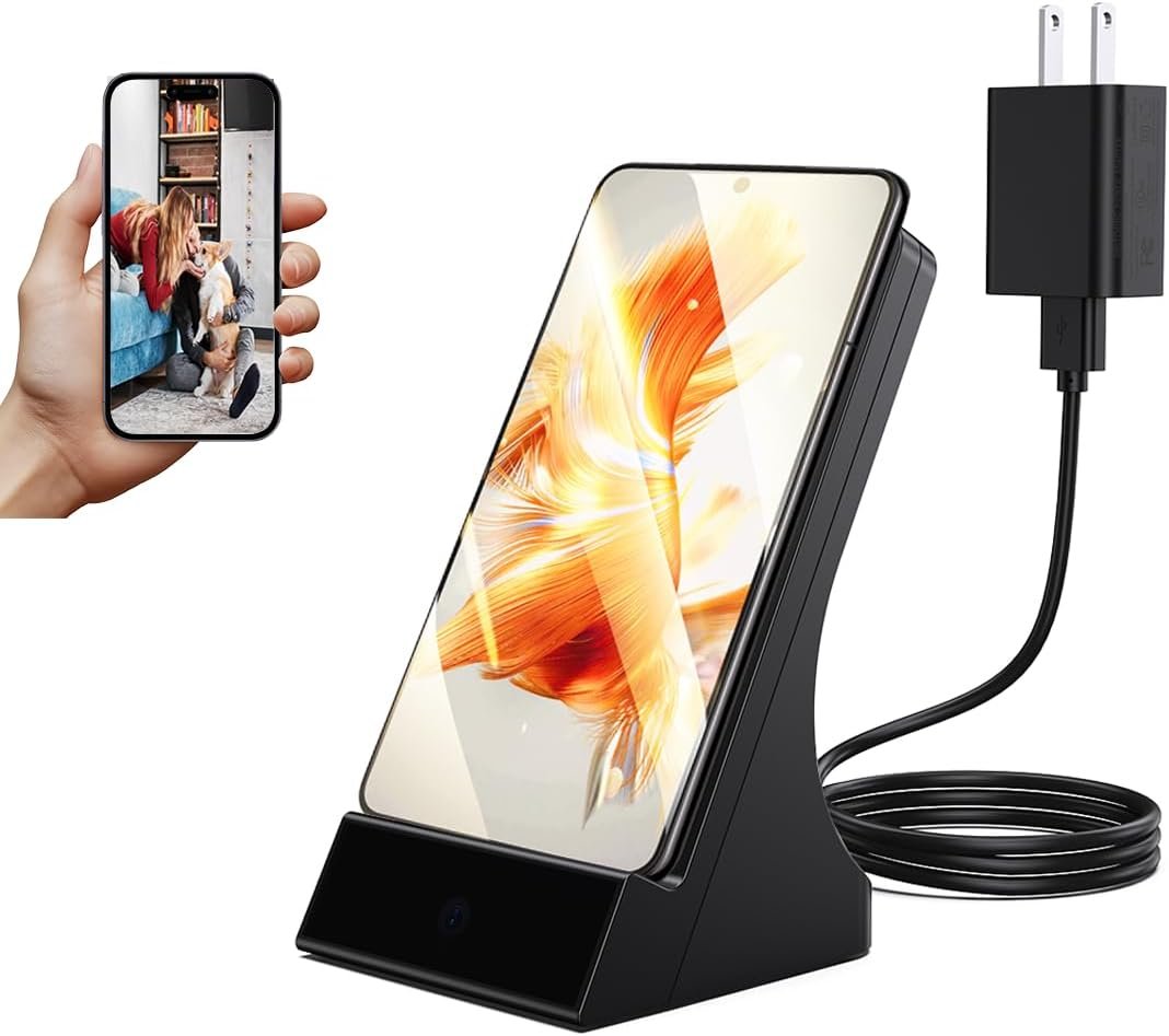 LIZVIE Wireless Phone Charger Camera, 1080P Full HD with Night Vision and Motion Detection Alarm, App Control and SD Storage, Nanny Camera for Home Security Indoor.