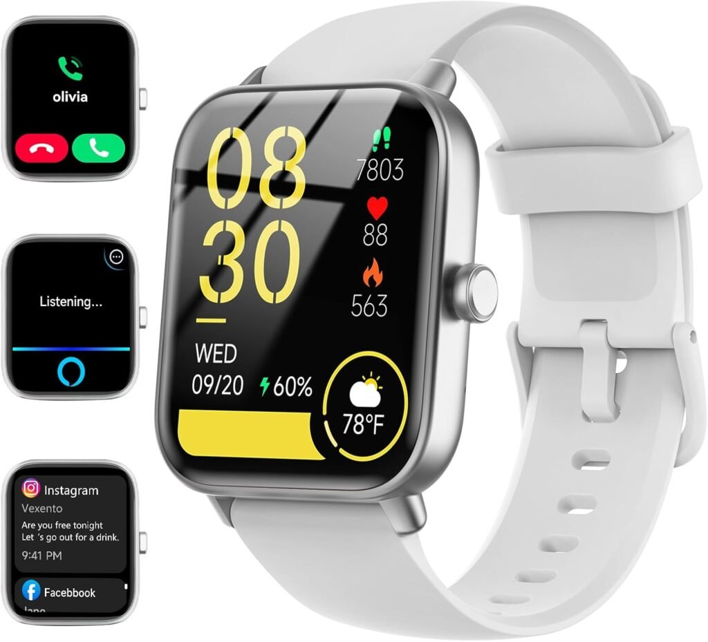 Smart Watches for Women Android & iPhone, Alexa Built-in, 1.8″ Fitness Tracker with Answer/Make Calls, IP68 Waterproof Fitness Watch,Heart Rate, Sleep, SpO2 Monitor,Pedometer, White