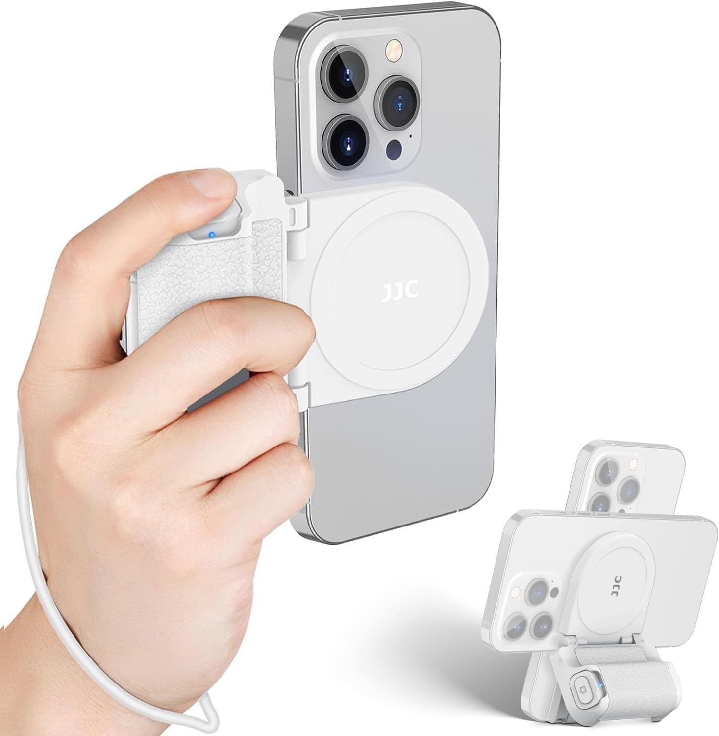 Magnetic Smartphone Shooting Holder Hand Grip Handle Snap On Phone Stand with Tripod Mount & Wireless Shutter Remote for iPhone 16 15 14 13 12 Pro Max Android Vlog Video Photography – White Magnetic Smartphone Shooting Holder Hand Grip Handle Snap On Phone Stand with Tripod Mount & Wireless Shutter Remote for iPhone 16 15 14 13 12 Pro Max Android Vlog Video Photography – White