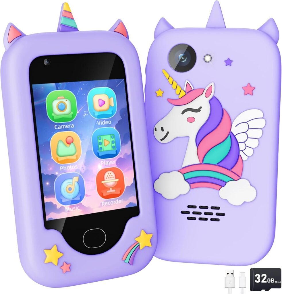 Kids Smart Phone Toy for Girls – Unicorn Cell Phone with 2.8″ Touchscreen, Christmas Birthday Gift for Kids Toddler Age 3-10, 32G SD Card