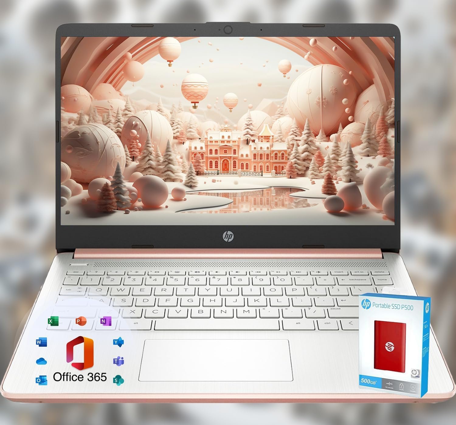 HP 14 Laptop • Back to School Limited Edition with Microsoft 365 • 4-Core Intel CPU • 16GB RAM • 1.6TB Storage (128GB OnBoard + 512GB P500 Portable SSD + 1TB OneDrive) • Rose Gold • Win 11 HP 14 Laptop • Back to School Limited Edition with Microsoft 365 • 4-Core Intel CPU • 16GB RAM • 1.6TB Storage (128GB OnBoard + 512GB P500 Portable SSD + 1TB OneDrive) • Rose Gold • Win 11