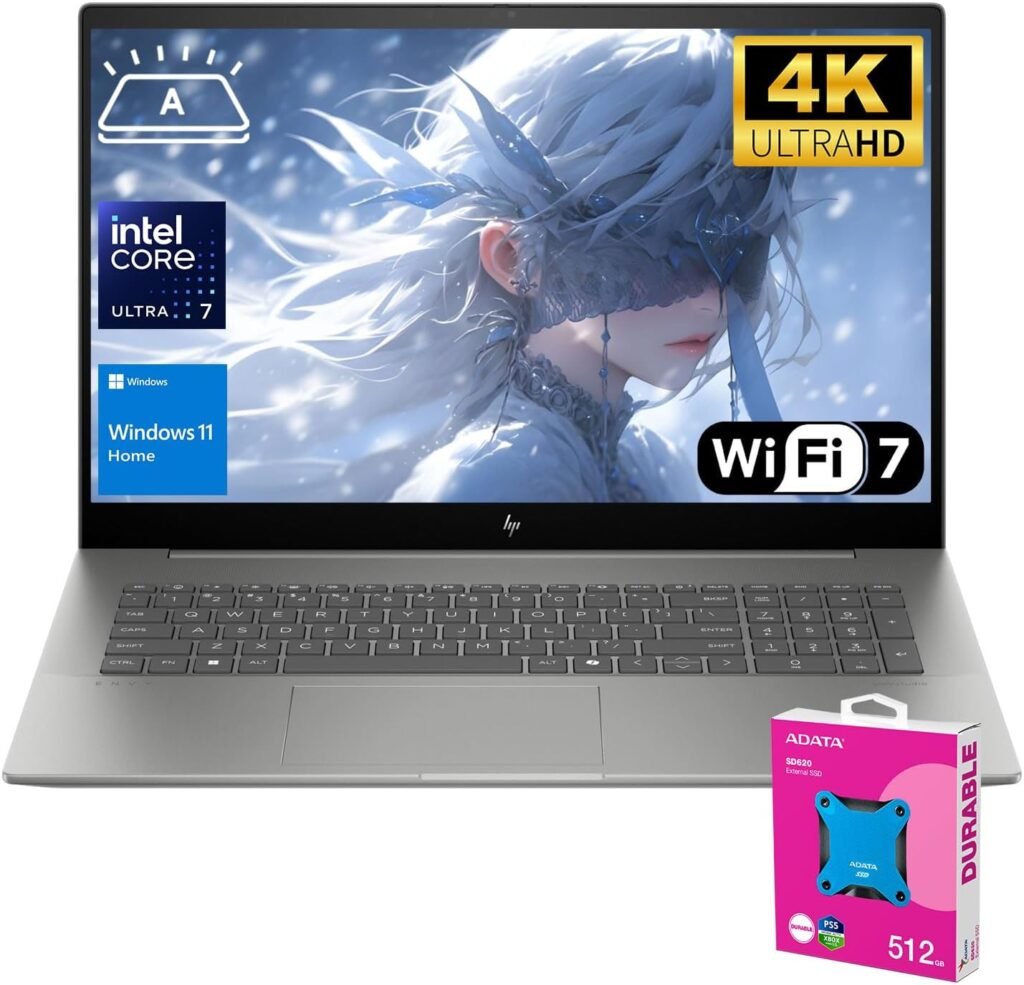 HP Envy 17.3″ 4K Ultra 7 Laptop, 17.3″ 4K UHD 3840 * 2160 Display, Intel Core Ultra 7 155H, 64GB DDR5 RAM, 2TB SSD, HDMI, Webcam, Backlit KB, Wi-Fi 7, W11H, Grey, Adata 512 External SSD Bundle