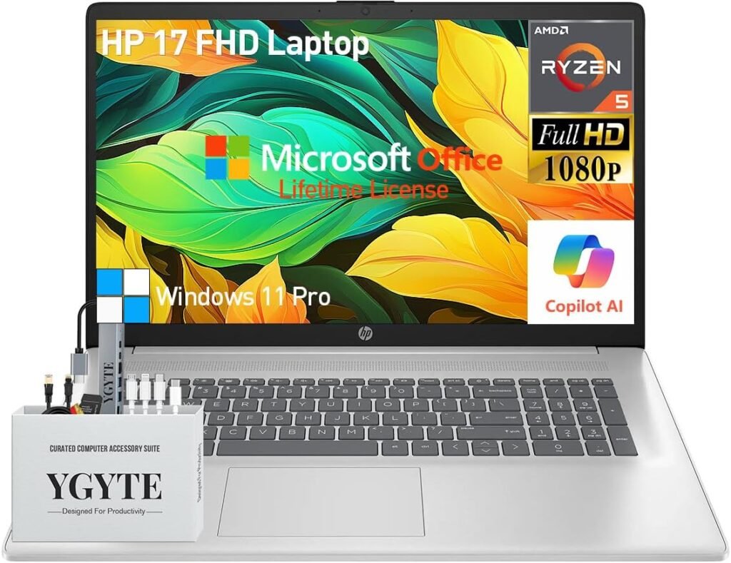 HP 2025 17 Inch Laptop Computer, 17.3 IPS FHD Business Laptop PC, AMD Ryzen 5 6-Core, 64GB RAM 1.5TB Storage (1TB SSD+512GB Docking Set), Windows 11 Pro Lifetime Office, 10-Key Number Pad