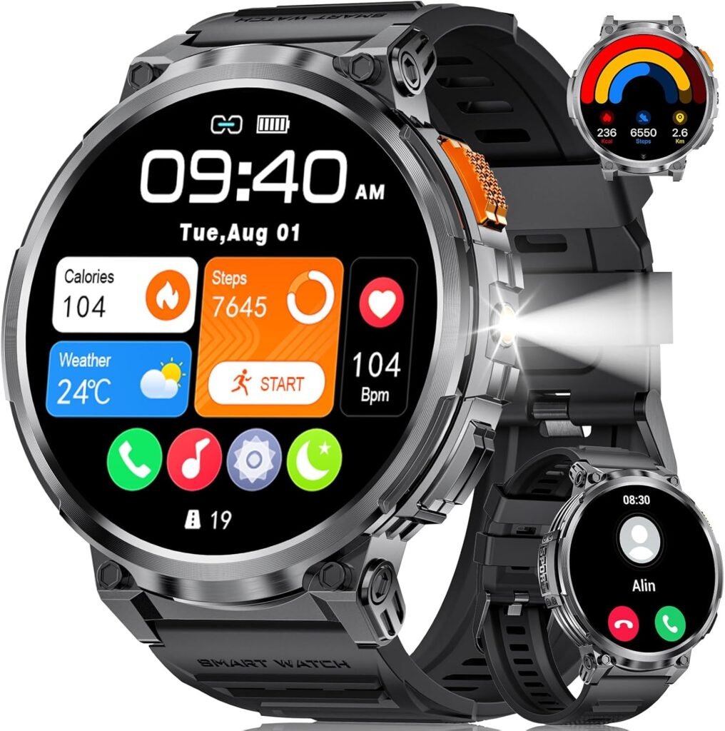 Smart Watch for Men with 1.85″ IPS Touch Screen, Fitness Tracker with Flashlight/IP68 Waterproof/120+Sport Mode Step Counter Watch, 24/7 Sleep/Heart Rate Measurement, Android iOS Watches for Men