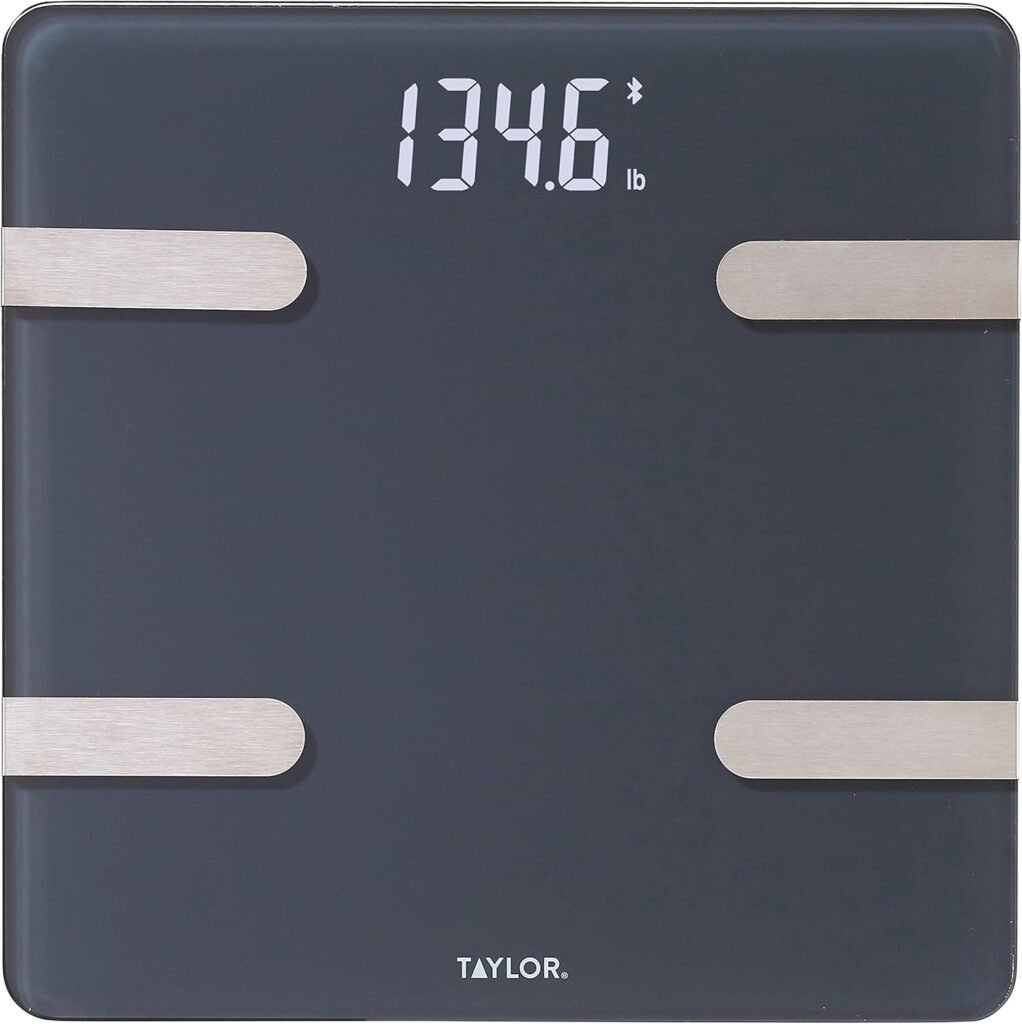 Taylor Bluetooth Smart Body Composition Scale for Body Weight, Body Fat, Water, Muscle and Bone Mass, Weight Tracking, and BMI with Smartphone App, 400 lbs – Charcoal (5297054)