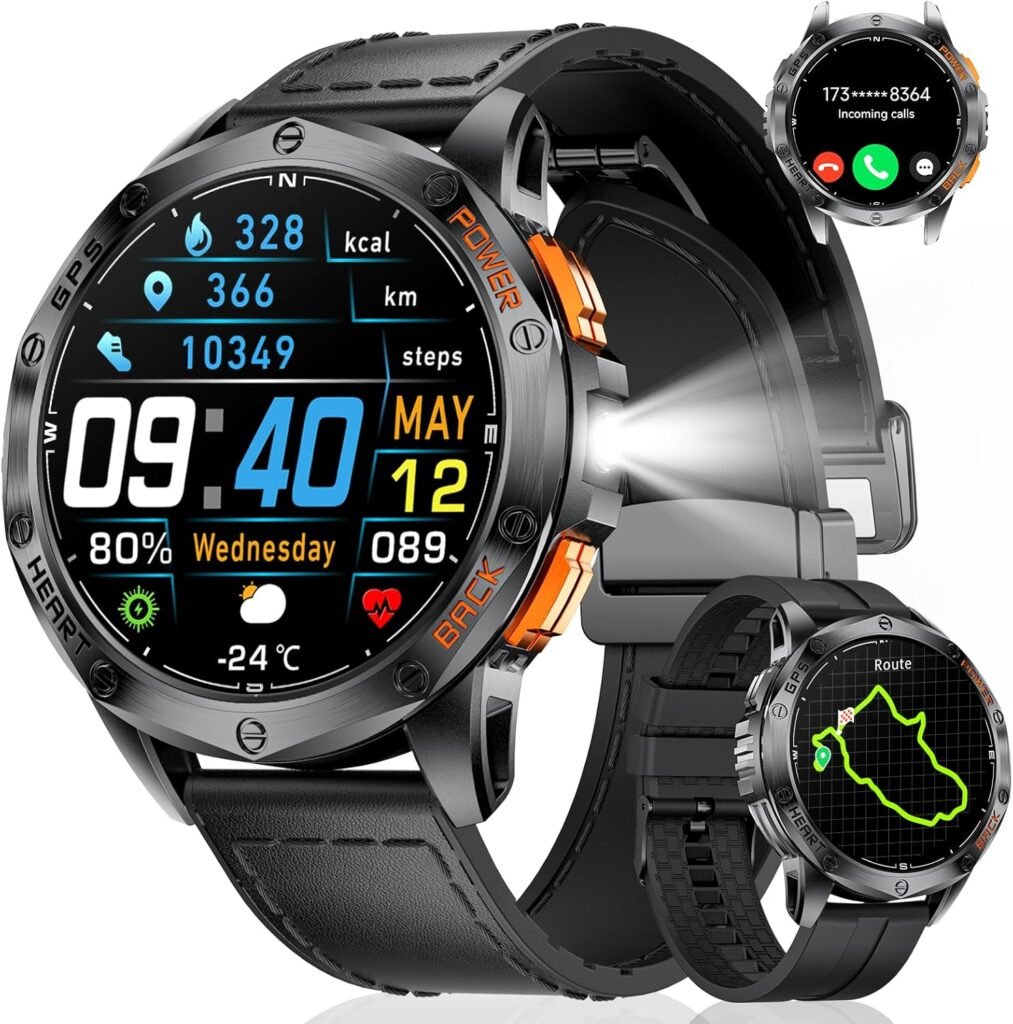 GPS Smart Watches for Men,1.43″AMOLED Fitness Tracker with LED Flashlight/Compass/530mAh Battery/Pedometer, Heart Rate/SpO2/Sleep Monitor 5ATM Outdoor Sports Smartwatch for Android iOS,100+Sport Modes