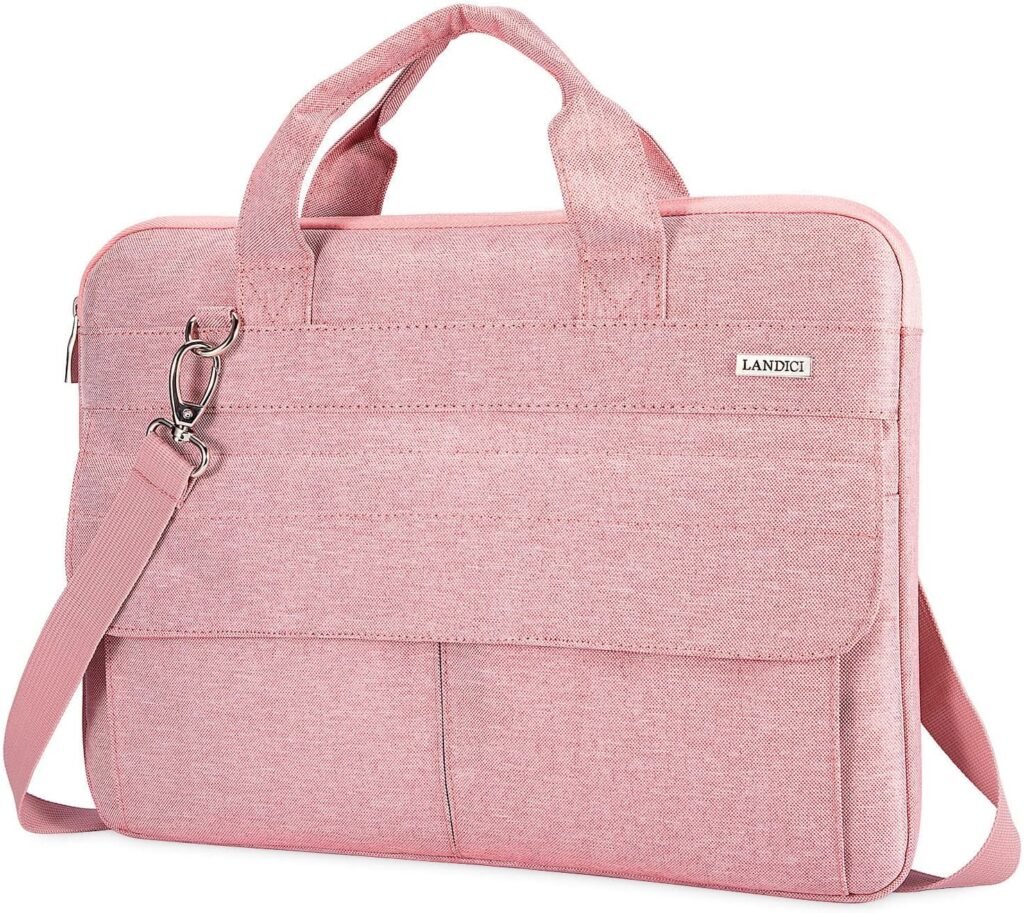 LANDICI Laptop Bag Case 17 17.3 inch for Women, Waterproof Computer Cover Bag Compatible with MacBook 17, 17-18 inch HP Acer Dell Lenovo ASUS Laptop, Slim Briefcase with Shoulder Strap, Pink
