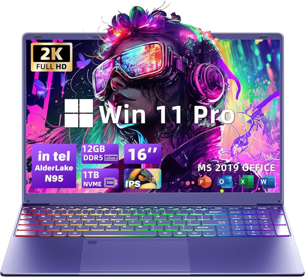 【Win 11 Pro/MS Office 2019】 16″ Purple Gaming Laptop,12th Gen Alder Lake Quad Core N95 CPU,12GB LPDDR5, 1920 * 1200 FHD IPS, Color Backlit KB, Fingerprint Unlock/HDMI (12GB +1TB NVME SSD)