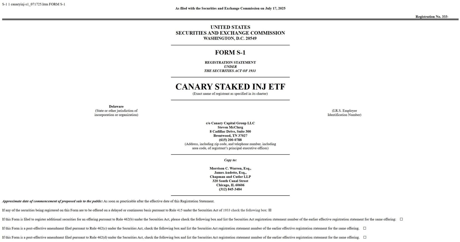 Canary Files for Staked Injective ETF as Altcoin Funds Pick Up Steam