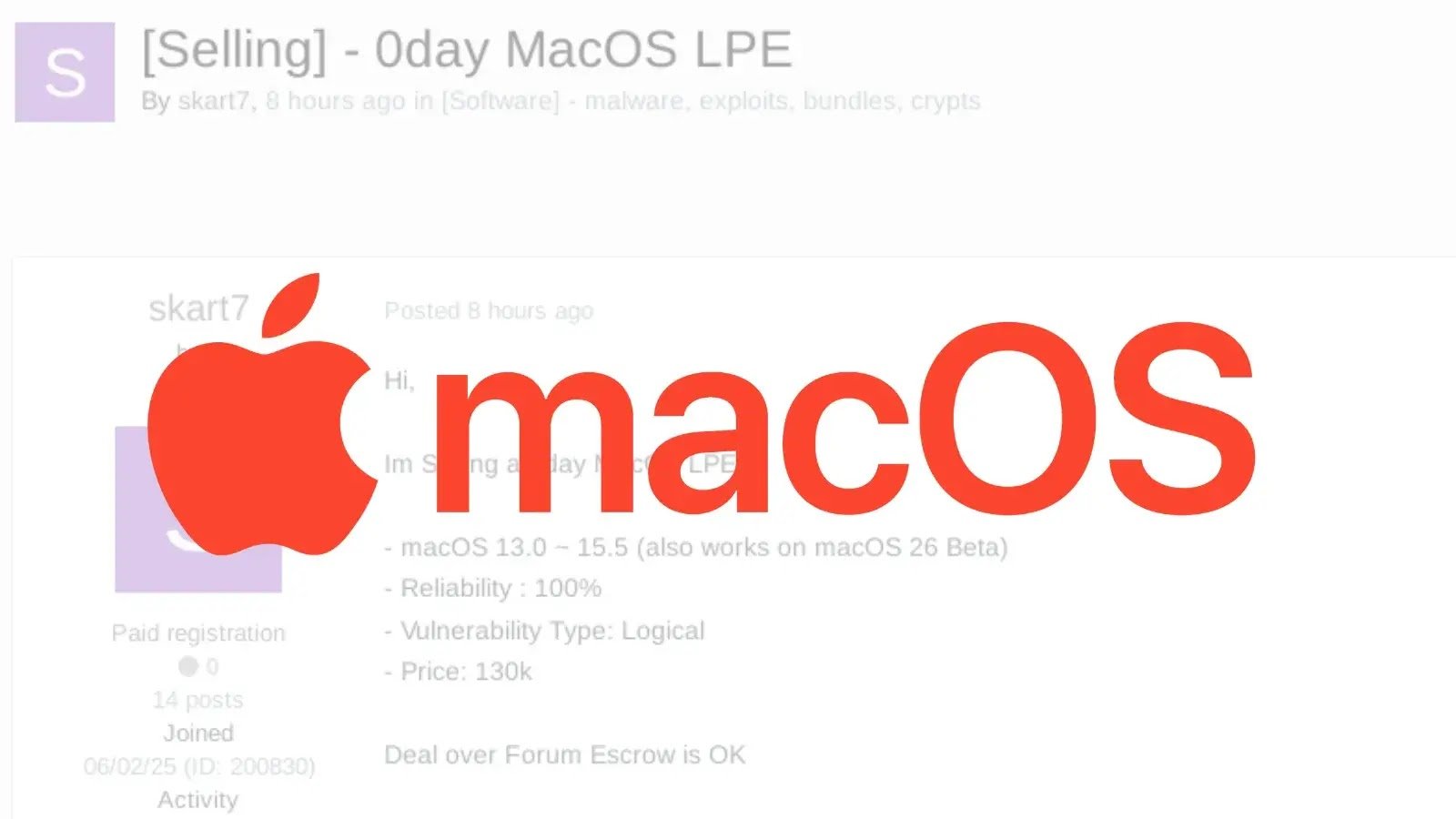 Hackers Selling macOS 0-Day LPE Exploit on Dark Forums