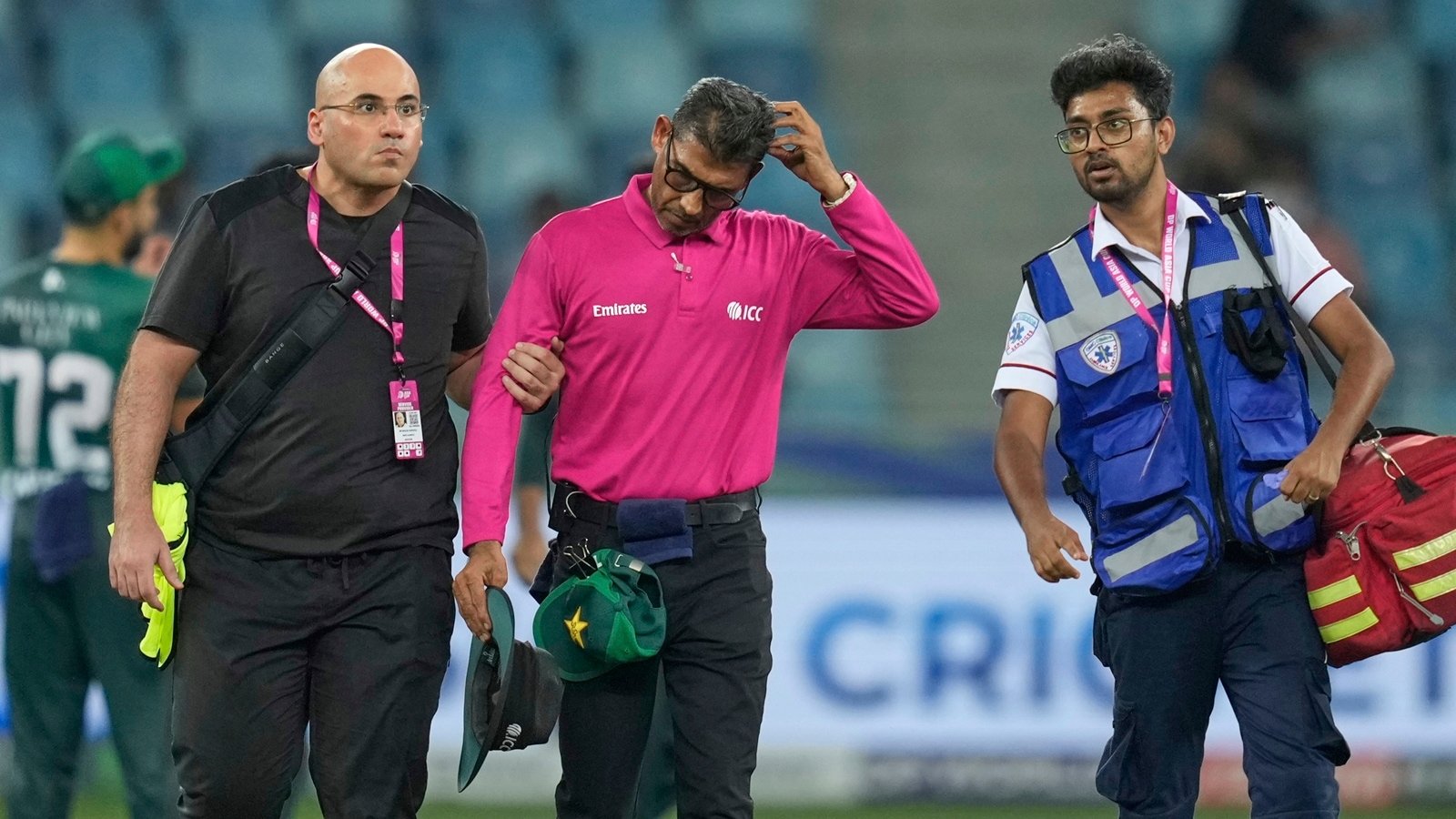 Umpire leaves midway through Pakistan’s Asia Cup match against UAE after being hit on the head