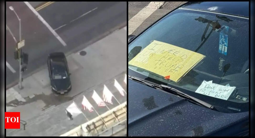 ‘I need your help’: Vehicle rams steps of Los Angeles City Hall; cardboard sign has message for Donald Trump