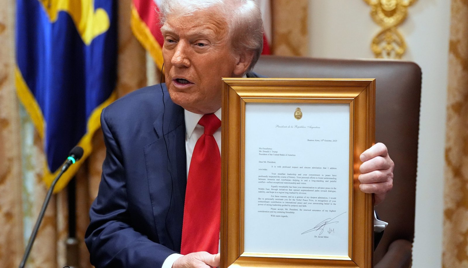 Argentina’s Javier Milei gifts Donald Trump gold-framed letter nominating him for Nobel Peace Prize | World News